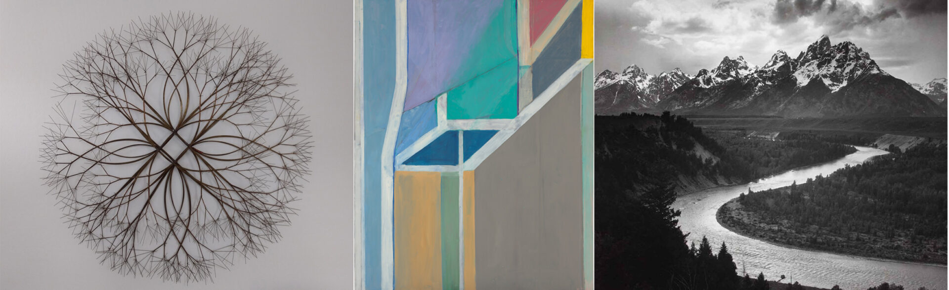 Left: Ruth Asawa, Untitled, Brass and tied wire, ca. 1980s, Private collection Middle: Richard Diebenkorn, Ocean Park #19, 1968, San Francisco Museum of Modern Art © 2025 Richard Diebenkorn Foundation, Artists Rights Society (ARS), New York Right: Ansel Adams, Tetons and the Snake River, 1942, Gelatin silver print